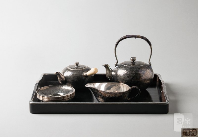日本纯银龟甲纹煎茶道具套组（含汤沸、急须、公道杯、茶托、黑漆茶盘、多格收纳柜）